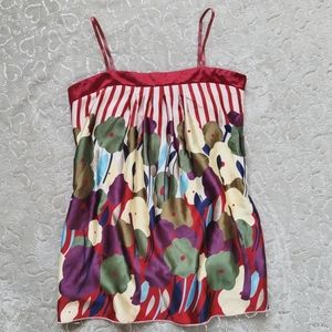 Silky Cami Layering Tank Top Flowy Satin Burgundy Striped Floral Print T. Bleu M